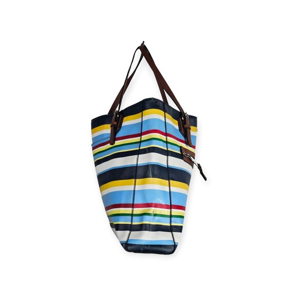 Dana Buchman Multicolor Stripe Tote With Brown Faux Leather Straps & Zip Pocket - Picture 6 of 16